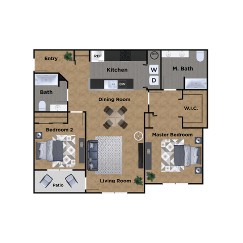 Floor plan for 2 beds, 2 baths, 1104 sqft